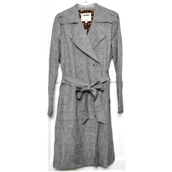 NWT L’AGENCE Linen Houndstooth Plaid Double Breasted Tie Waist Trench Coat 2 - Picture 3 of 6